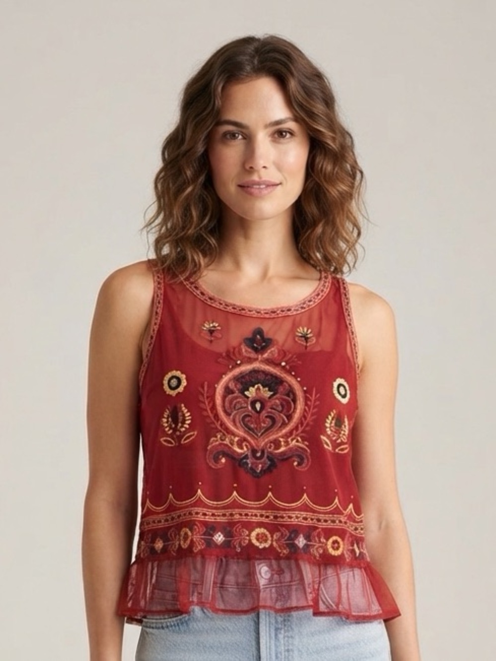 Coco + Jaimeson Red Embroidered Mesh Tank Top - Size Small (NWT)